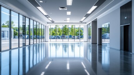 Fototapeta premium Empty dealership with open, modern design and sleek decor. Featuring neutral tones and spacious layout