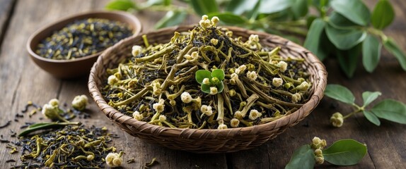 Fototapeta premium Dried herbal twigs with flowers in a woven basket on a wooden table surrounded by additional loose herbs in bowls and scattered around