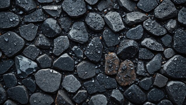 Dark wet gravel stones surface with scattered droplets of water in natural light showing various shapes and sizes of rocks