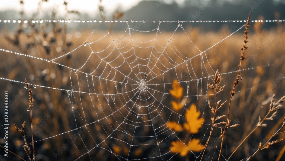 Poster close-up of a spider web with dew drops in a field of tall grass and autumn leaves in soft focus bac