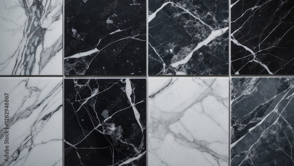 Poster black and white marble tiles arranged in a grid pattern showing various textures and designs of ston