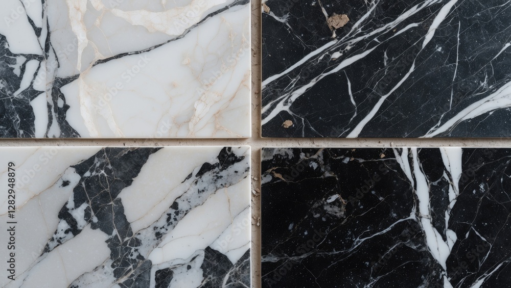 Poster black and white marble tiles with intricate veining patterns arranged in a grid format for interior 