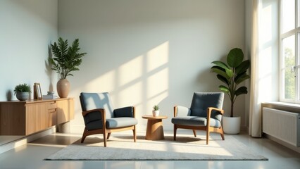 Serene living room with mid-century modern armchairs, sunlight streaming through window, wooden side board, and potted plants