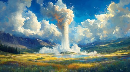 Fototapeta premium Anime-inspired depiction of Old Faithful erupting with vibrant colors, soft clouds framing the powerful plume, lush green meadows and geothermal features in dynamic harmony,