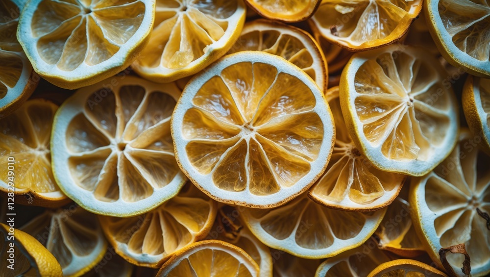 Poster close up of assorted lemon slices arranged neatly on a flat surface with varying shades of yellow an