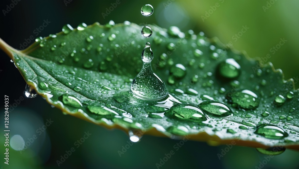 Aufkleber water droplets on green leaf surface with fresh foliage background and soft bokeh effect in nature s