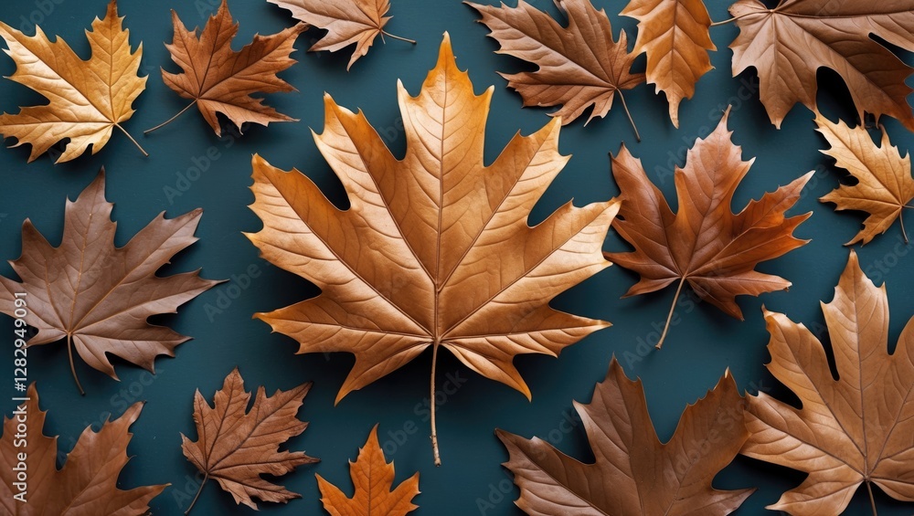 Poster autumn leaves of varying sizes and shapes arranged on a dark blue background creating a natural patt