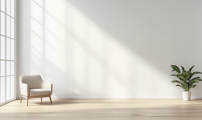 Modern Minimalist Room Interior with Beige Chair and Plant