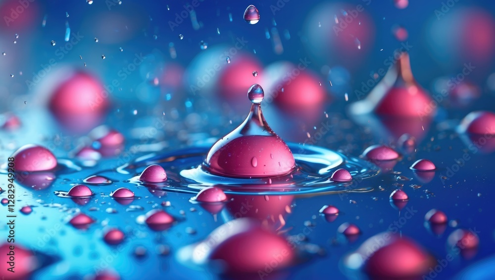 Poster close-up of water droplets on a blue background with pink reflections creating a colorful and dynami