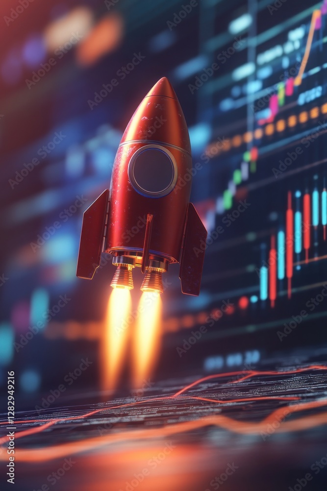 Poster rocket launching amidst stock market graphs and data visualizations