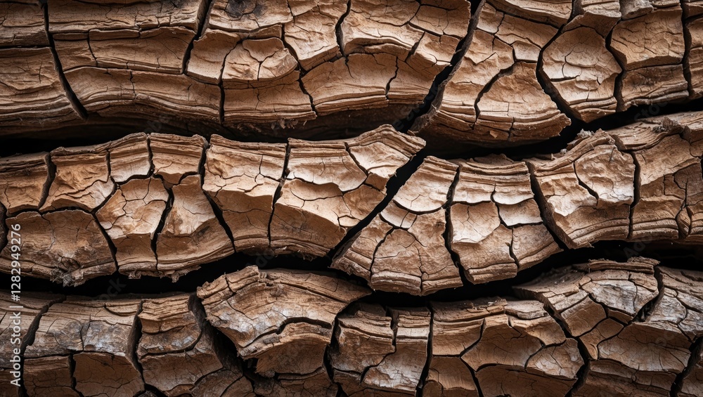 Aufkleber close-up of cracked and weathered wooden log texture with intricate patterns and details in natural 