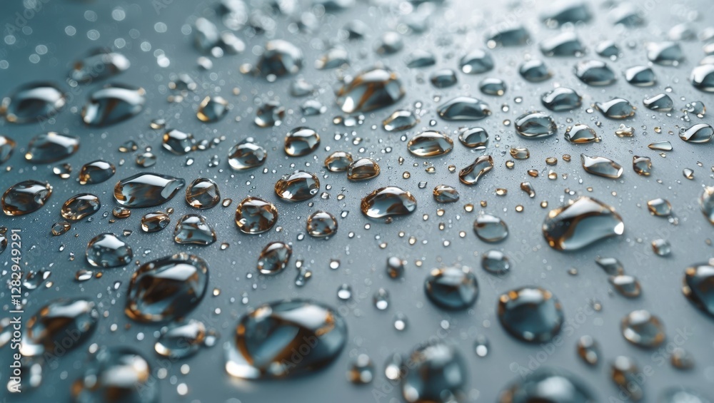 Poster close-up of water droplets on a reflective surface with varied sizes and shapes creating a textured 