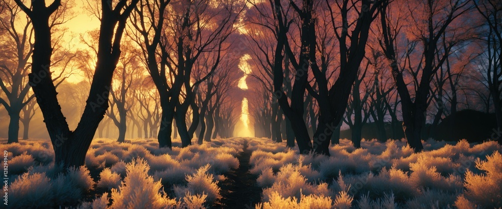 Poster mystical forest pathway with trees and illuminated fog during sunset soft focus atmosphere