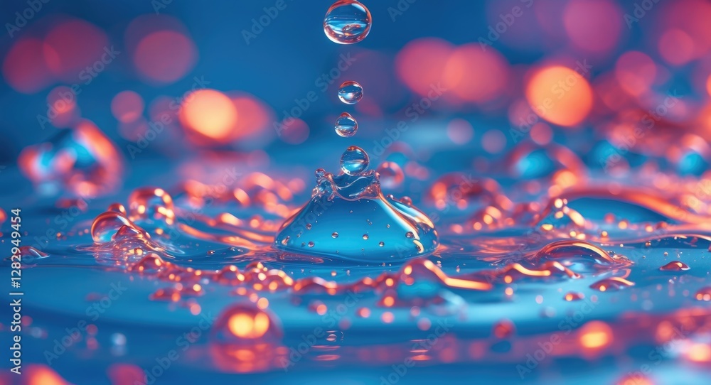 Poster close-up of water droplet splashing on surface with colorful bokeh background in blue and orange ton