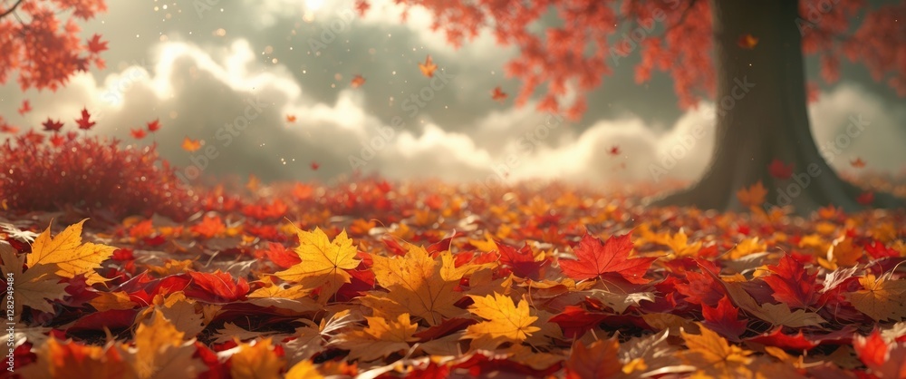Poster autumn landscape with colorful fallen leaves in shades of red and yellow under a tree with soft sunl