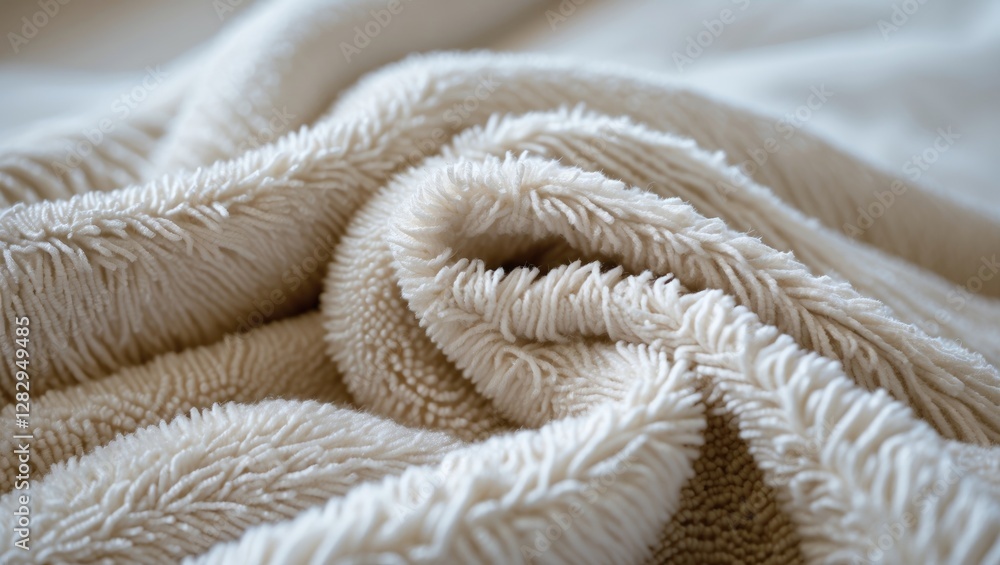 Poster textured beige fabric with soft plush fibers creating waves and folds in a close-up view