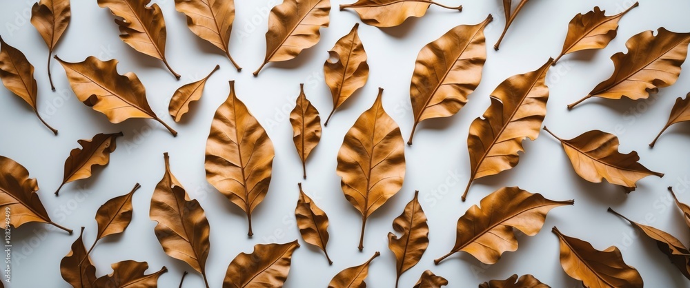Poster brown dried leaves arranged on a white background creating a textured botanical pattern