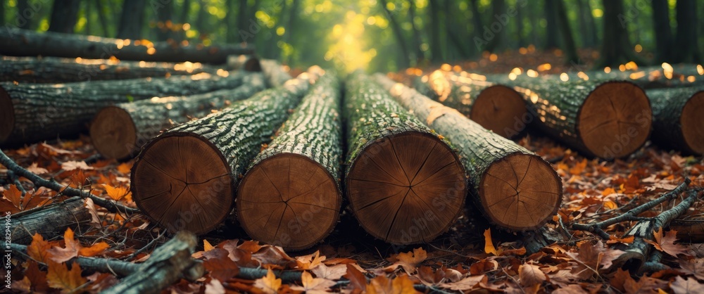 Poster logs stacked on forest floor surrounded by autumn leaves with sunlight filtering through trees in so