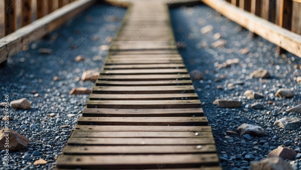 Poster wooden pathway extending over gravel stones with a focus on texture and depth of field in a natural 