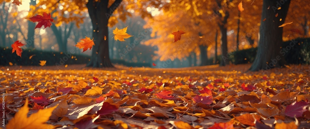 Aufkleber autumn landscape with colorful fallen leaves in a park setting with trees and gentle sunlight filter