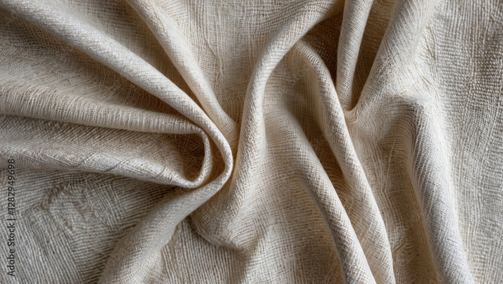 Poster textured beige fabric with intricate patterns crumpled to show depth and detail in light and shadow.