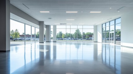 Fototapeta premium Empty dealership with open, modern design and spacious layout. Featuring neutral tones and sleek decor