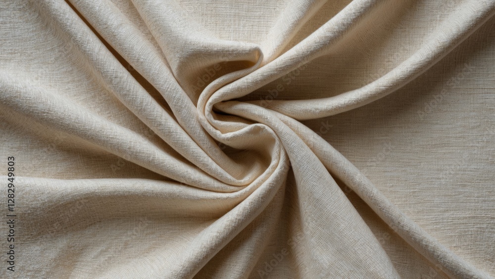 Poster light beige textured fabric arranged in a circular pattern with soft folds and creases for backgroun