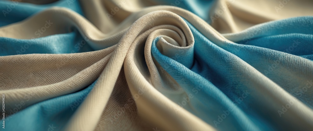 Aufkleber blue and beige fabric close up showing texture and folds in soft textiles for backgrounds or design 