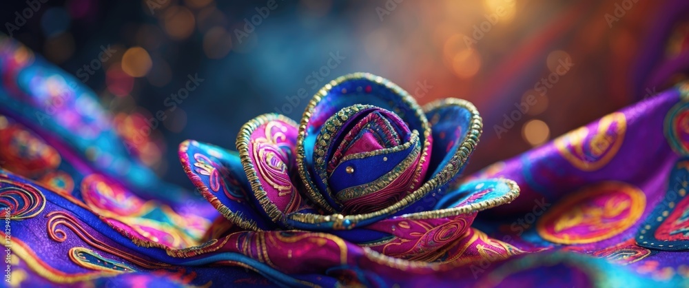 Poster colorful fabric flower on vibrant patterned textile background with bokeh lighting effect and intric