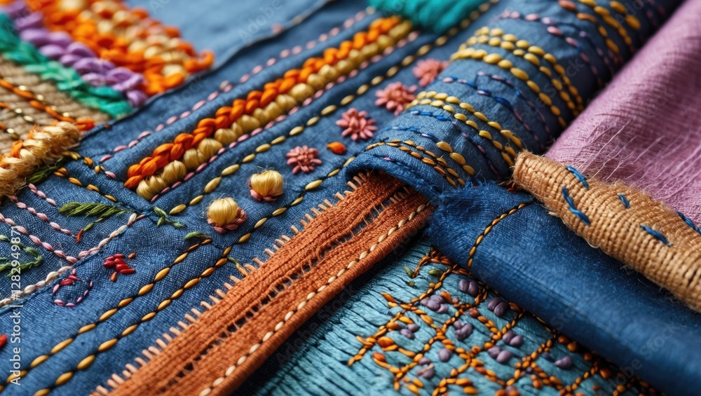 Poster vibrant close-up of intricately embroidered textiles showcasing various colorful stitching patterns 