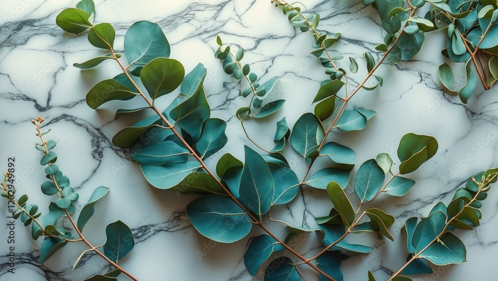 Poster eucalyptus leaves arranged on marble surface creating a natural and elegant background for design an