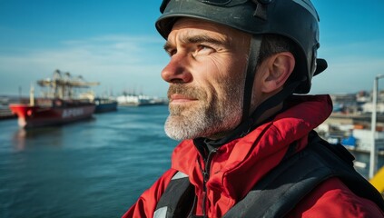 Obraz premium close-up of industrial worker in helmet and safety jacket stands on the deck near cargo ship 