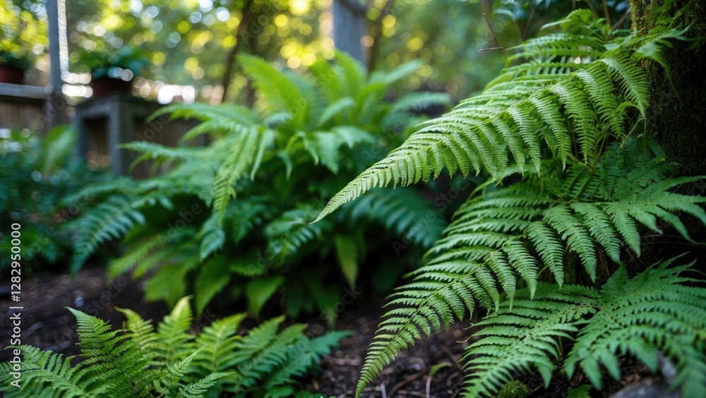 Poster lush green ferns in a natural garden setting with soft sunlight creating a peaceful atmosphere and i