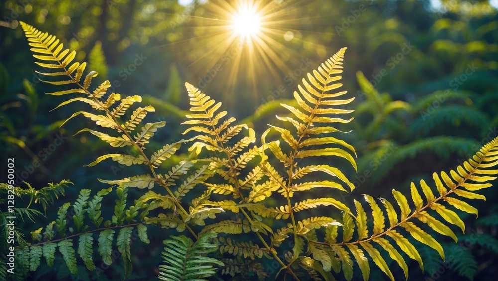 Poster sunlight filtering through green ferns in a lush forest creating a natural backlit effect with rays 