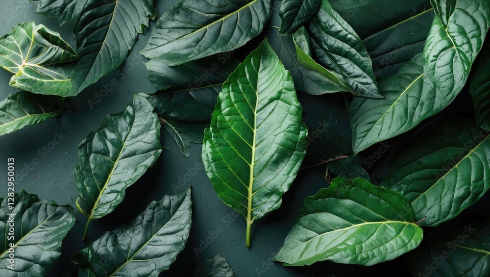 Poster different varieties of green leaves arranged on a dark surface creating a natural abstract pattern.