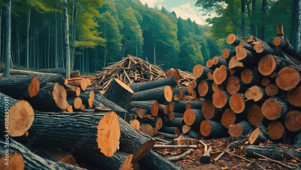 Poster stacked logs and cut tree trunks in a forest clearing with a pile of logs in the background surround