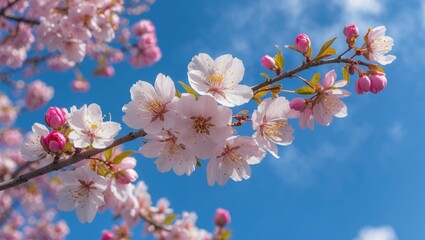 Obraz premium Cherry blossom tree with pink flowers and buds against a blue sky in early spring season.