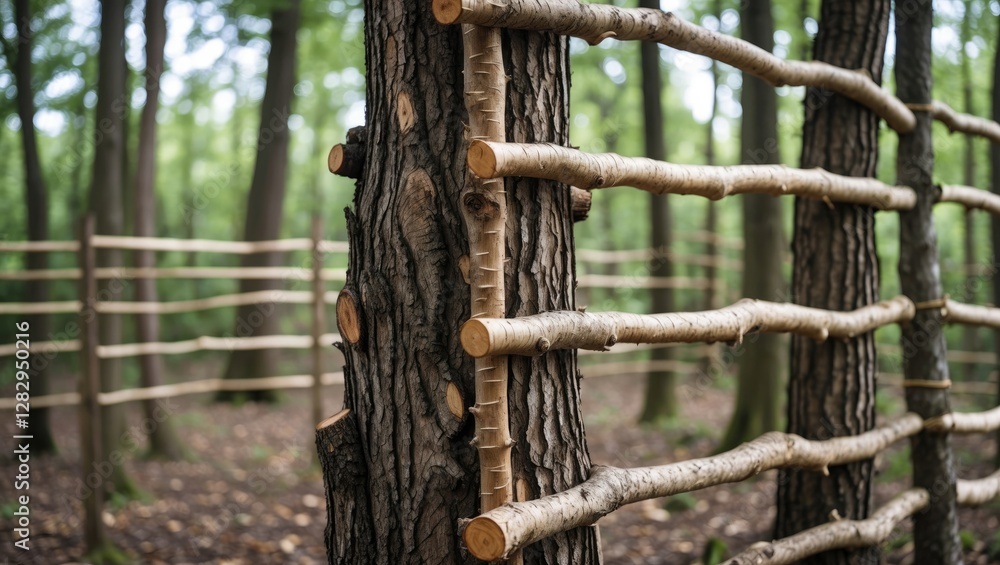 Aufkleber wooden fence made of tree branches in a forest with trees and greenery in the background during dayt