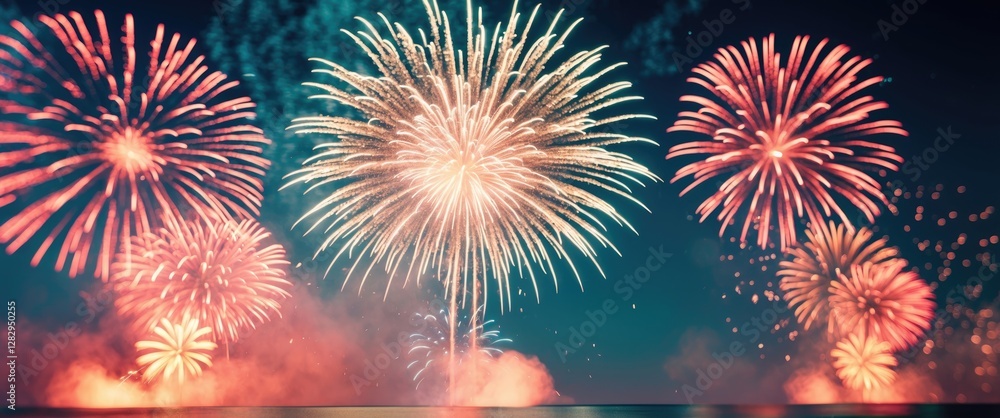 Poster colorful fireworks display over dark sky with various explosion patterns and vibrant colors illumina