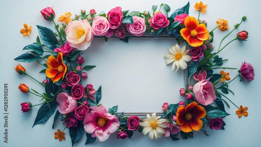 Poster floral frame composed of various colorful roses and other flowers on a white background with empty r