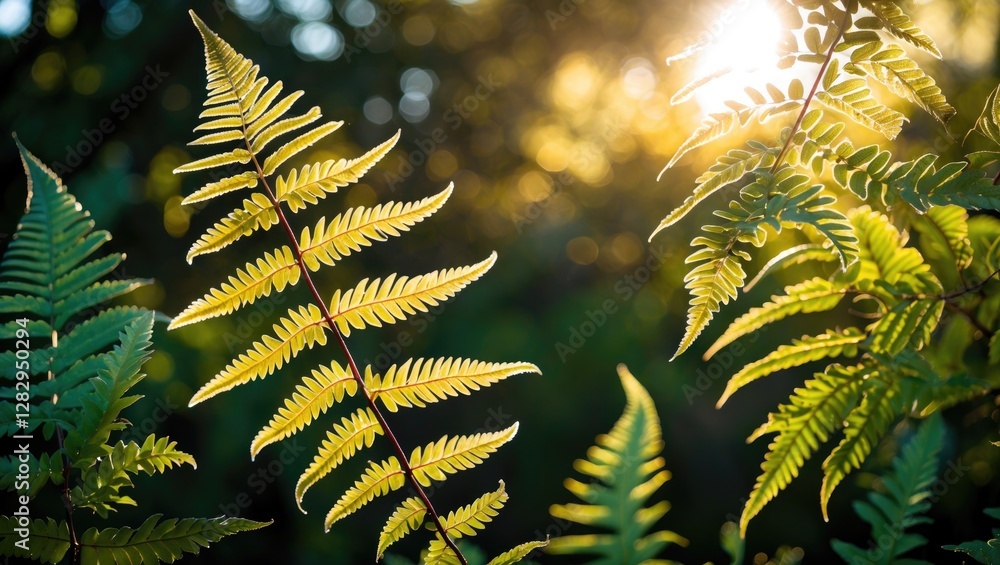 Poster ferns in natural light with sunflare creating a warm and vibrant atmosphere in a forest setting