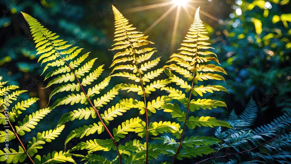 Poster sunlight illuminating green ferns in a forest setting with blurred background and natural bokeh effe