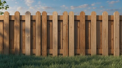 Fototapeta premium Wooden fence in backyard against blue sky and clouds with green grass at the foreground during daytime.