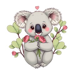 Adorable Koala Holding Pink Roses and Green Leaves