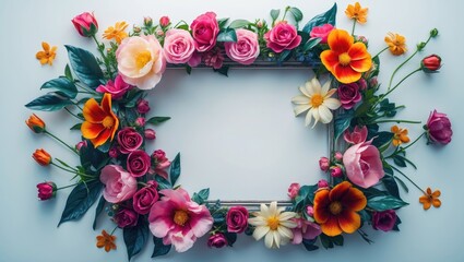 Floral frame composed of various colorful roses and other flowers on a white background with empty rectangular center for text or images