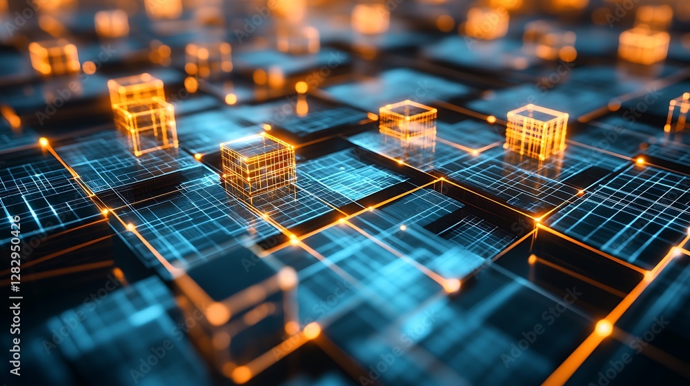 Poster futuristic glowing cubes and lines representing technology and data