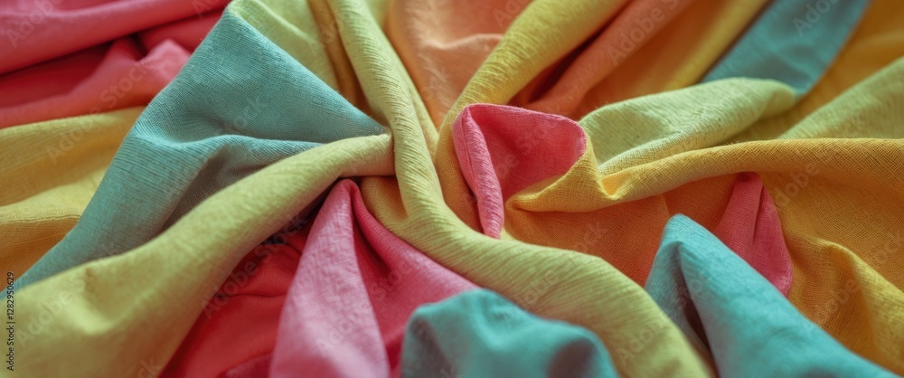 Poster colorful wrinkled fabric texture with yellow, pink, and turquoise sections arranged in an abstract p