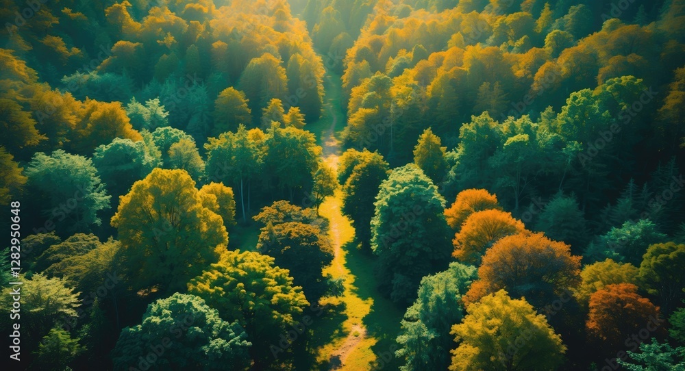 Poster aerial view of a forest showcasing vibrant autumn foliage with a winding path through the trees in s