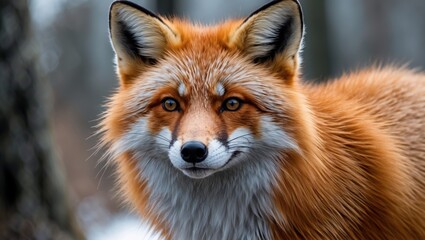 Fototapeta premium Red fox close-up portrait with detailed fur texture and sharp eyes in a natural habitat setting.