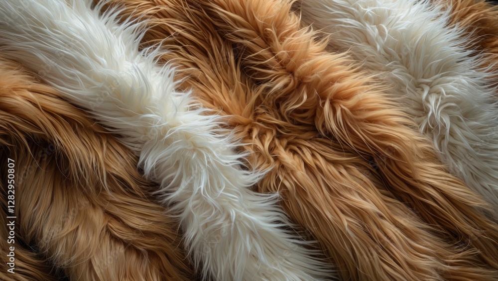 Poster textured faux fur fabric in various shades of orange and white arranged in a layered pattern with a 